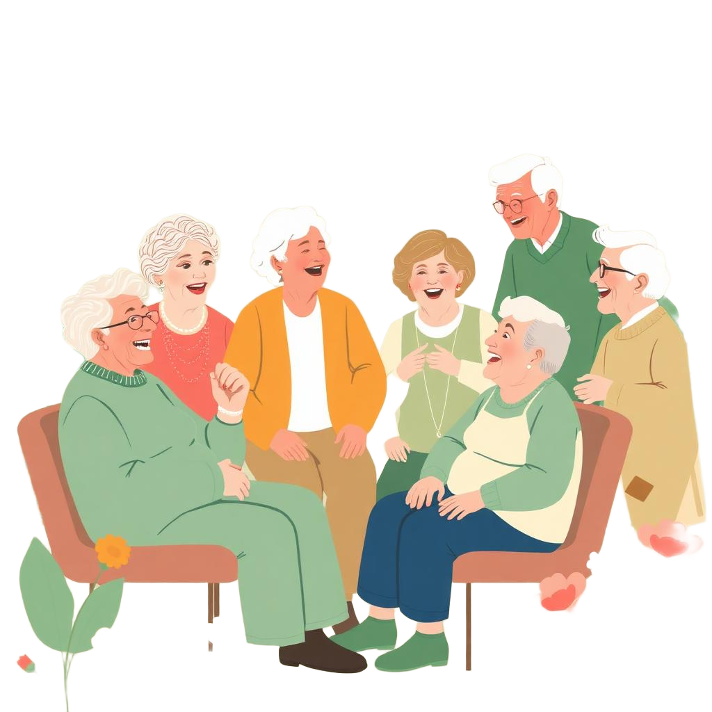 A joyful group of older adults sharing conversation