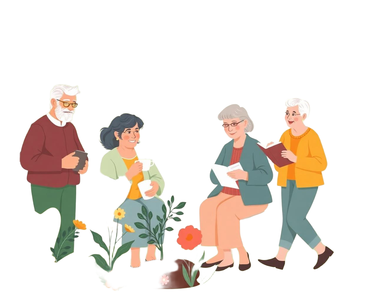 Older adults gathered together, chatting over tea and enjoying a book