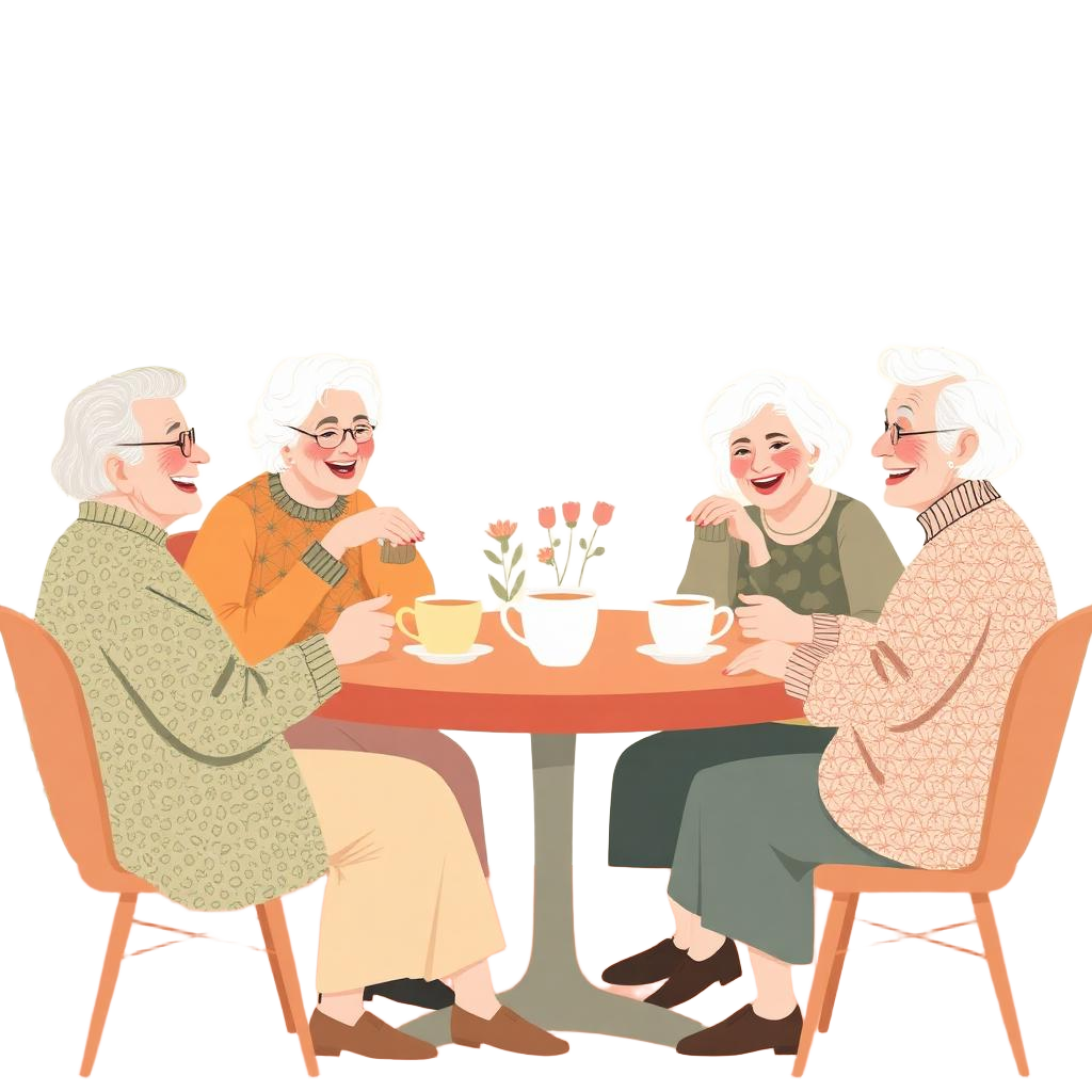 Older adults sharing tea and laughter around a table